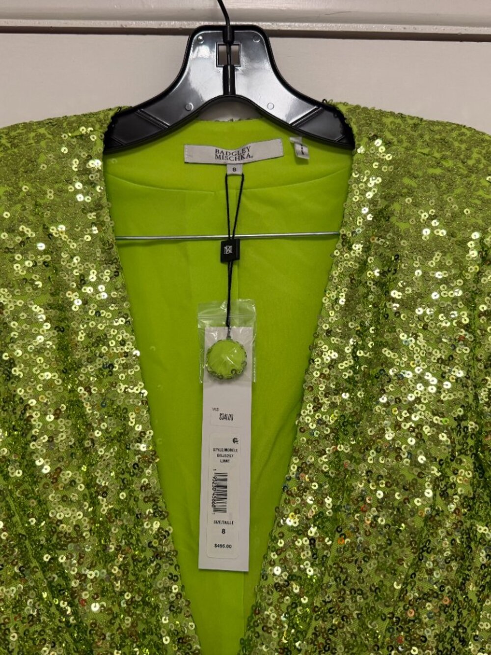 NEW with Tags $900 Badgley Mischka Lime Green all Sequin Jacket and Pants sz 8 - Picture 5 of 8